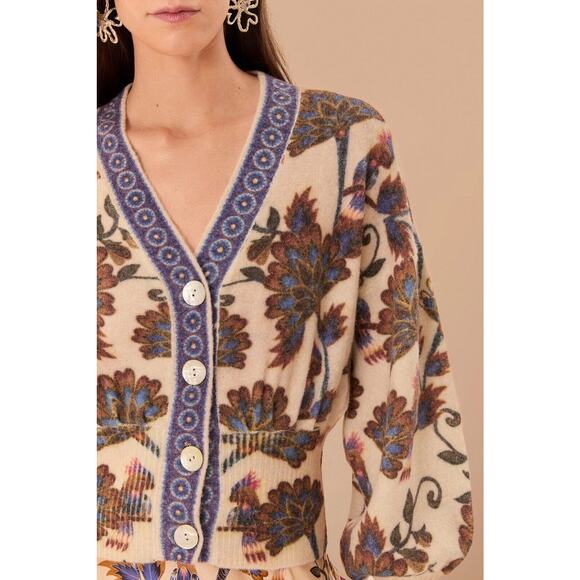 Farm Rio Ainika Floral Knit Wool Blend Cardigan sweater Balloon Sleeve XS - Picture 4 of 12